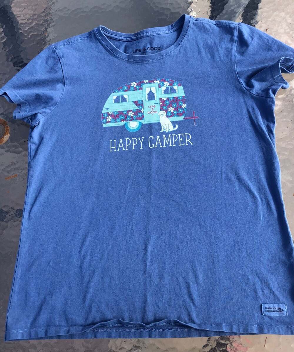 Life is Good Crusher T-Shirt Happy Camper RV Floral Graphic Blue